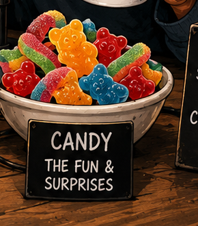 A bowl of gummy candy labelled Candy — the fun and surprises