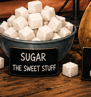 A bowl of sugar cubes labelled Sugar — the sweet stuff
