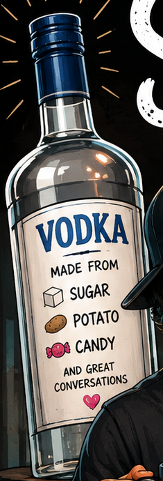 A vodka bottle labelled: made from sugar, potato, candy and great conversations.