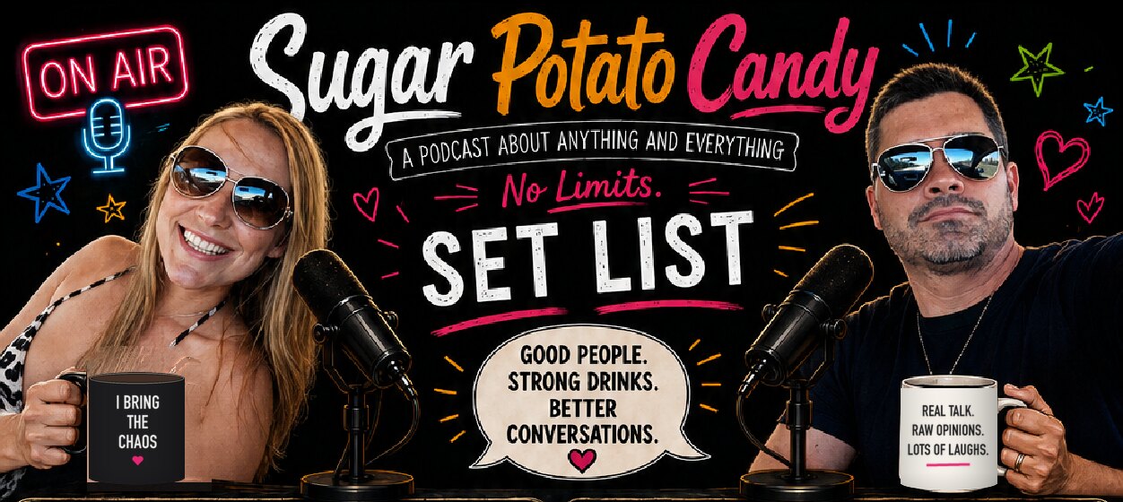 Both hosts at the mics under the Sugar Potato Candy sign