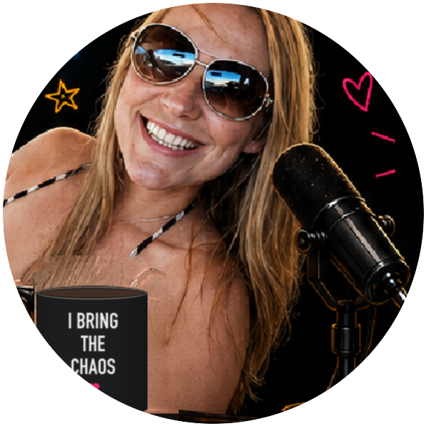 Candy in aviators with her black I Bring the Chaos mug
