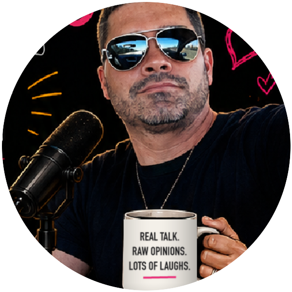 Sugar in aviators with his white Real Talk mug