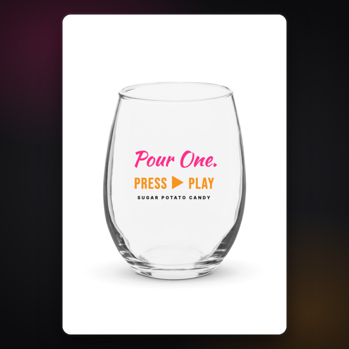Pour One, Press Play Stemless Wine Glass — sample design mockup